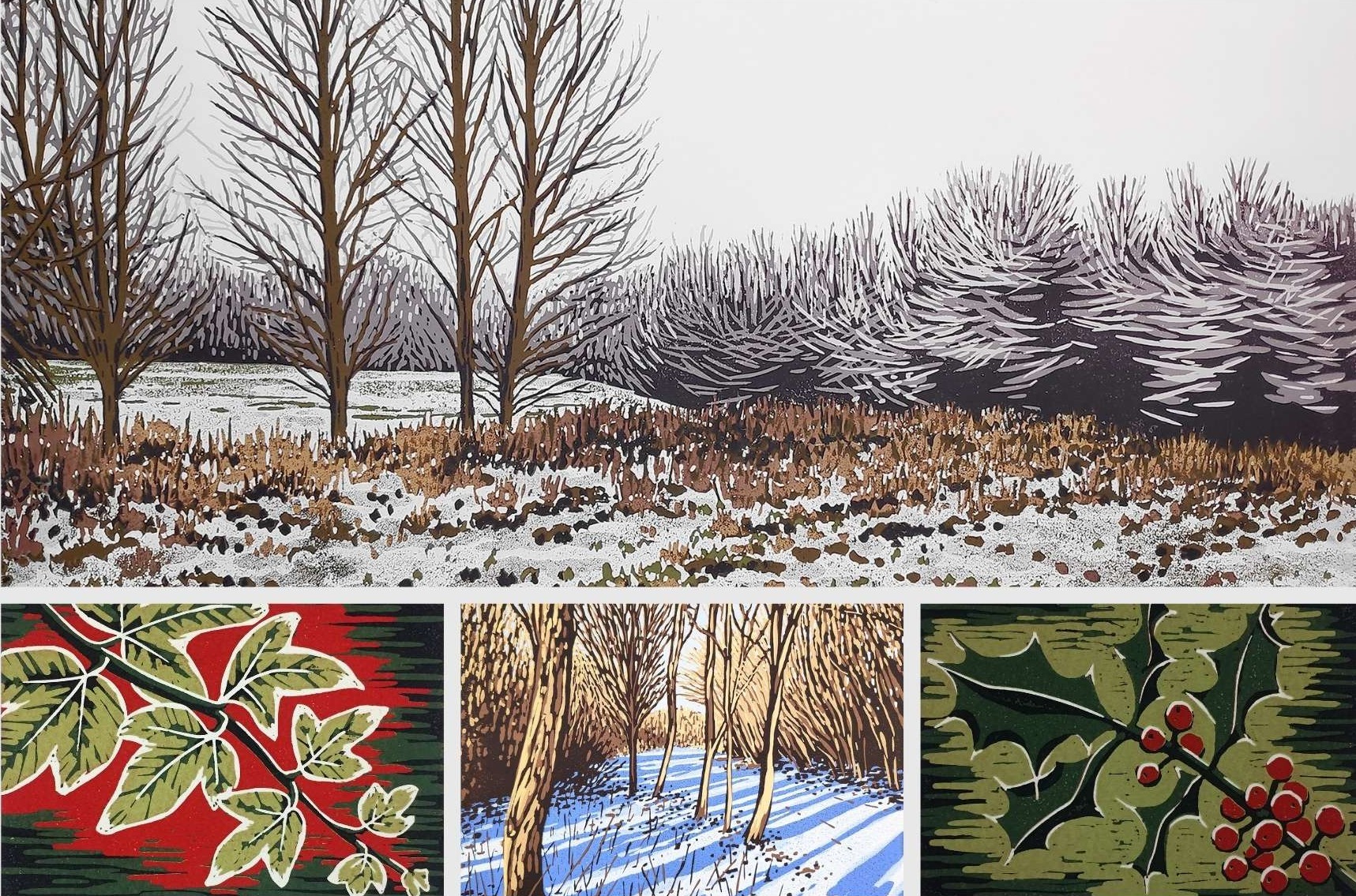 A collage of four winter scenes which are lino cut prints. Two of a frosty landscape with barren trees and snow on the ground. Close-ups of ivy and holly.