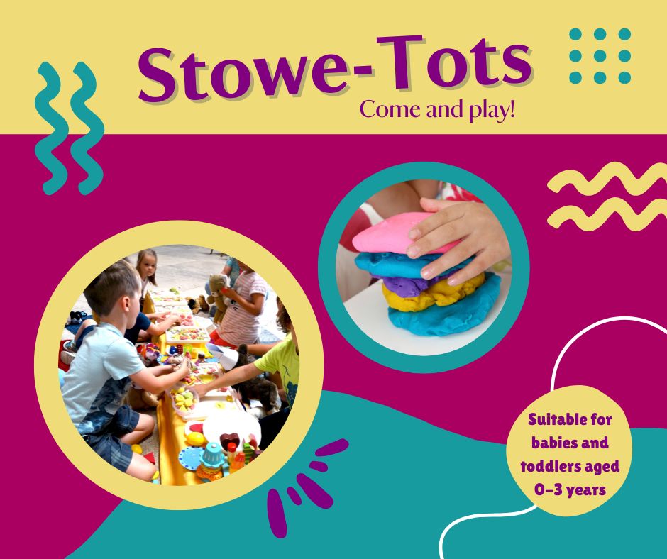 A poster to advertise the Stowe-Tots event with a bright background and photos of toddlers playing pretend dinner parties