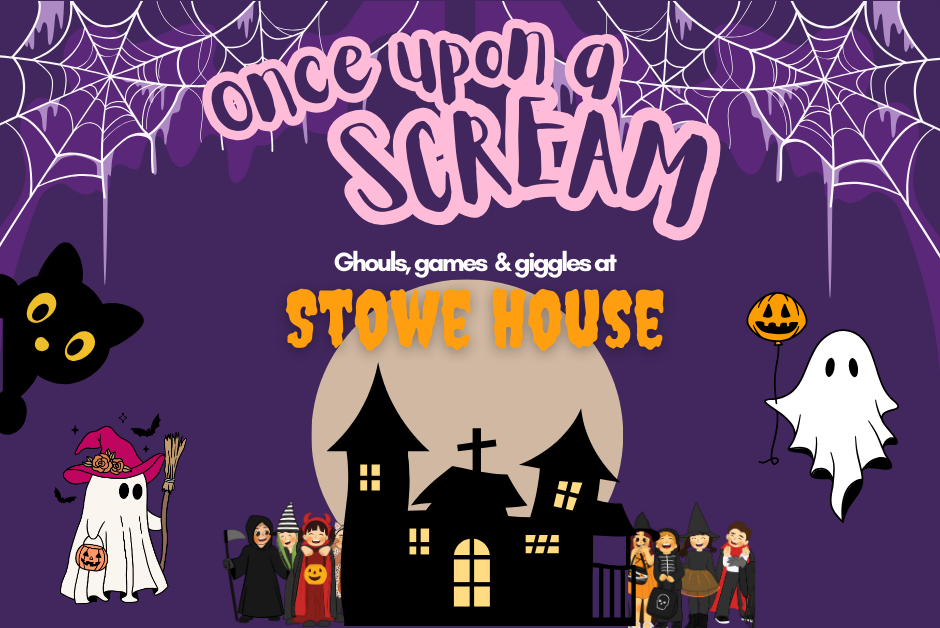 a poster advertising the event once upon a scream. The poster is purple with a spooky feeling, with cobwebs, friendly ghosts, black cat and haunted house under a full moon. cartoon children are dressed in Halloween costumes