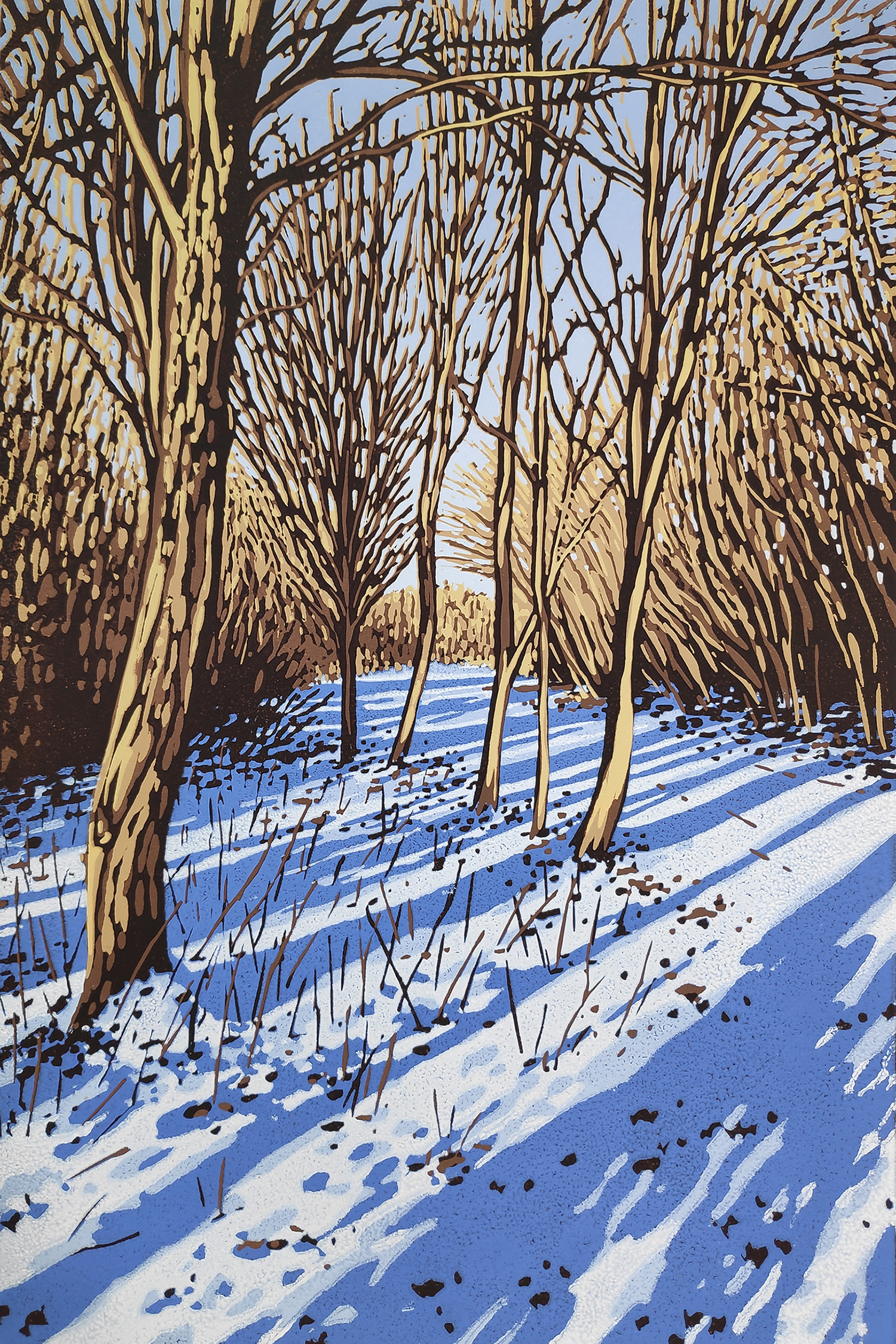 a lino cut painting of a winter woodland scene of leafless trees and twigs poking through a snow floor with a path winding between the trees by Alexandra Buck
