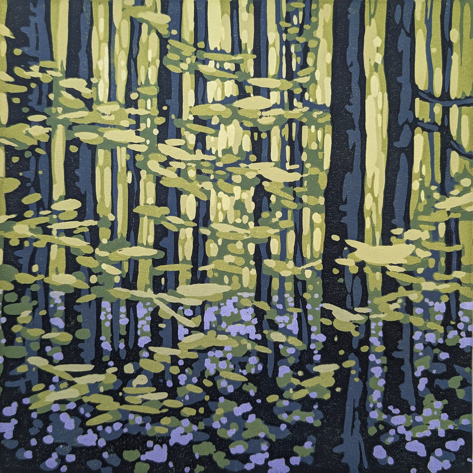a lino cut painting of a scene in the woods with bluebells growing up from floor and tall tree trunks across the scene with le growing at various heights. It is by the artist Alexandra buckle