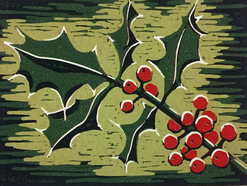 an up close lino cut painting of holly with red berries