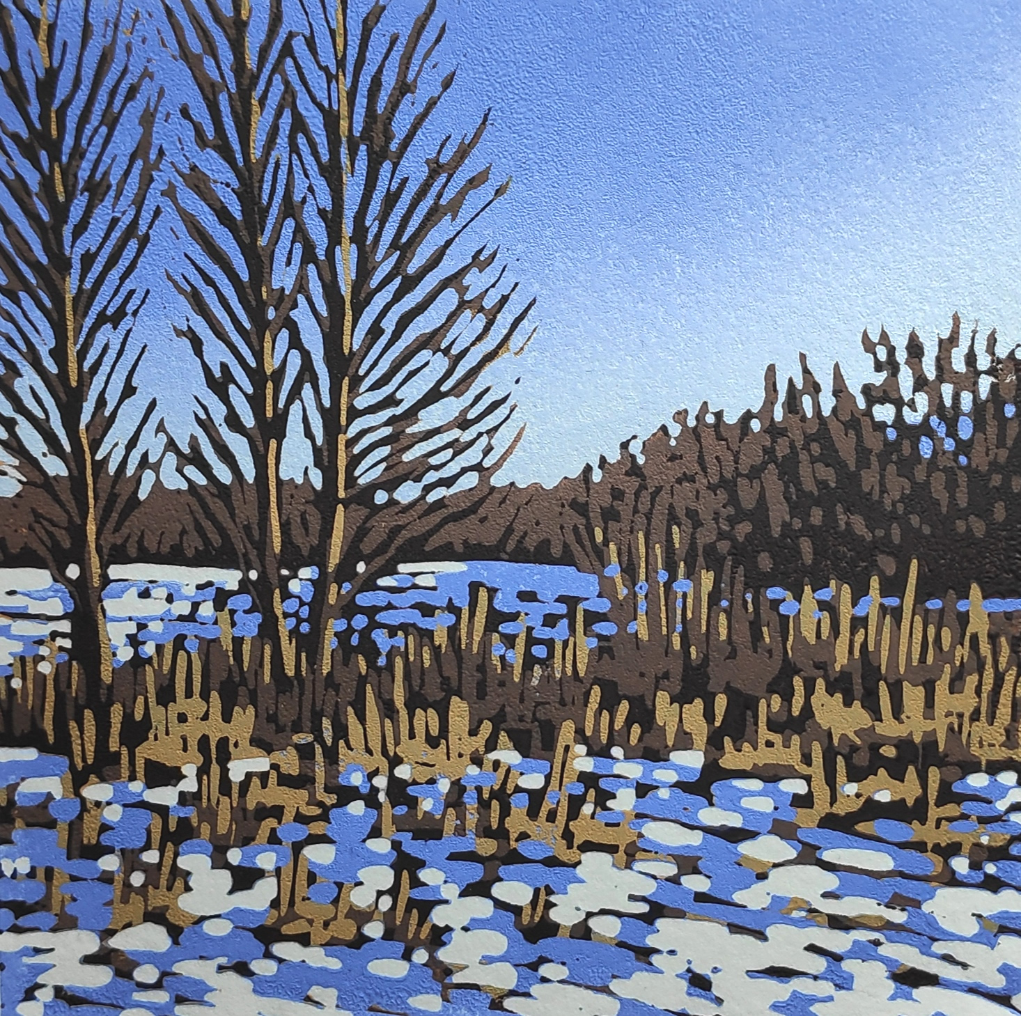 a liner painting of a winter British landscape with Re poking through the snow and Leafless Trees by Alexandra buckle