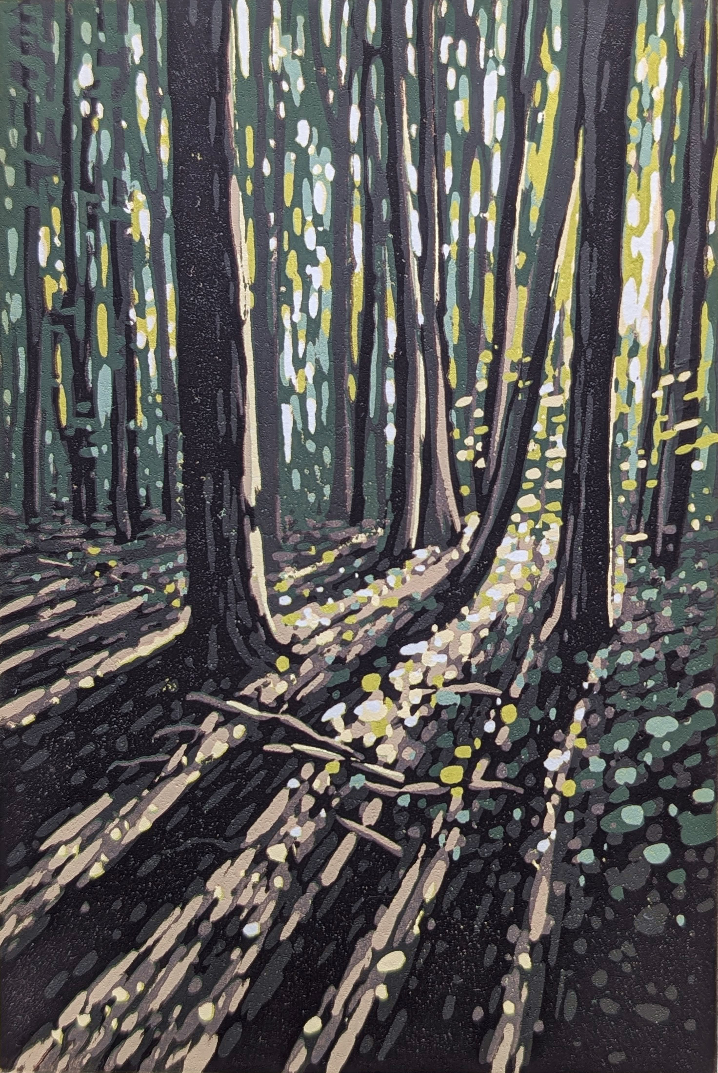 a Lino Cut painting of a woodland in the summertime with light coming in from behind and creating long shadows of the trees Uon the woodland floor. It is by the artist Alexandra buckle