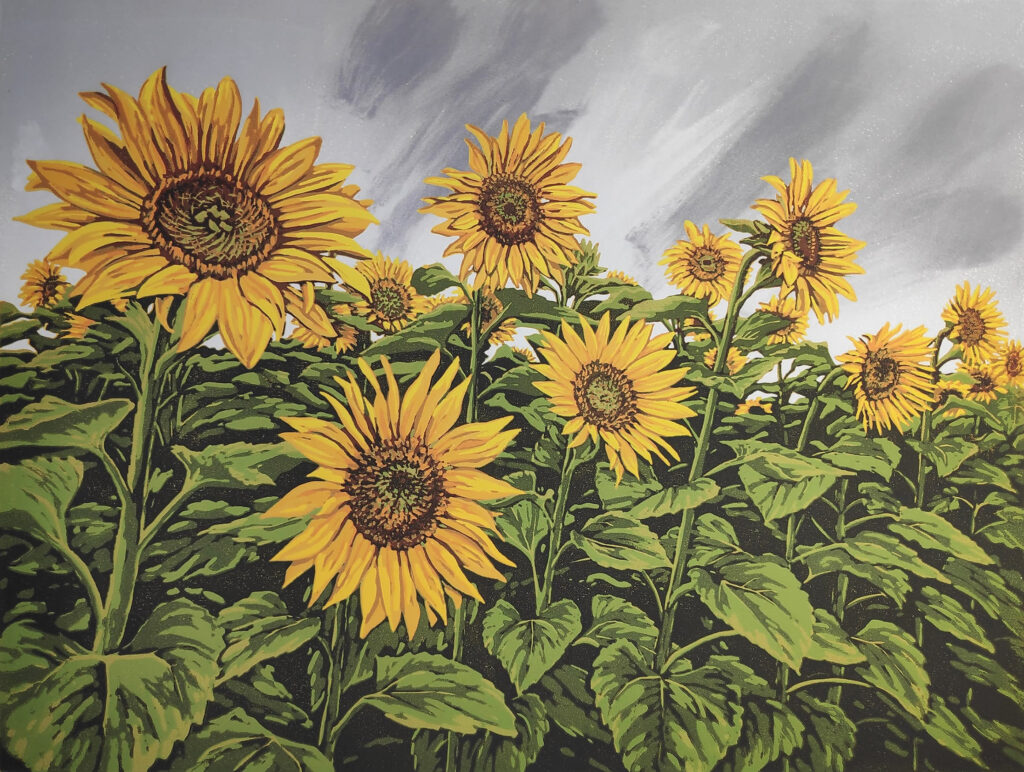 a lino cut painting of sunflowers in a field And behind them a cloud of rain by the artist Alexandra buckle.