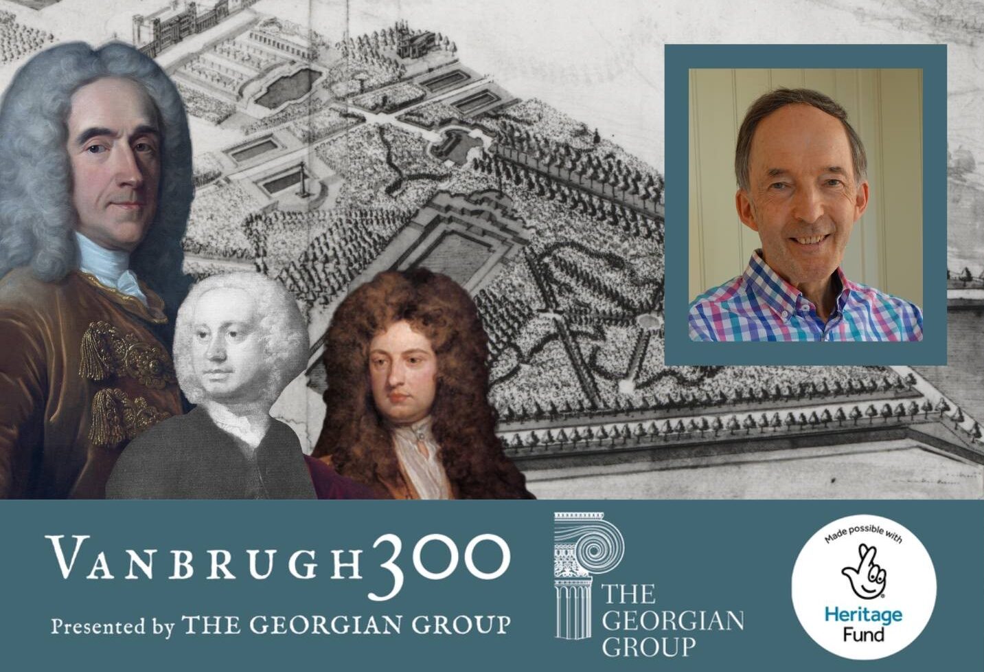 In the background a map of the Stowe estate from the 1700s. In the foreground, cut out portraits from left: Lord Cobham (aristocrat), Charles Bridgeman (Garden Designer), Sir John Vanbrugh (architect), and a modern photograph of Michael Bevington.