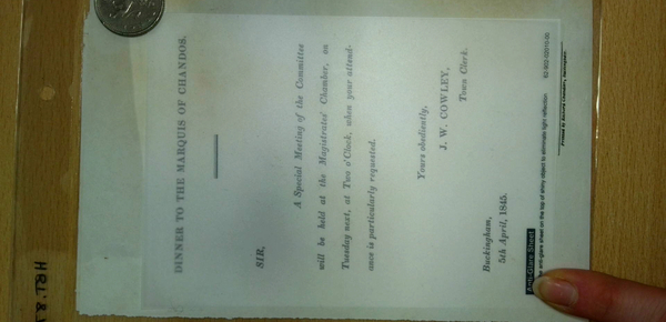 Letter from the Town Clerk to attend a Meeting relating to Dinner to th Marques of Chandos